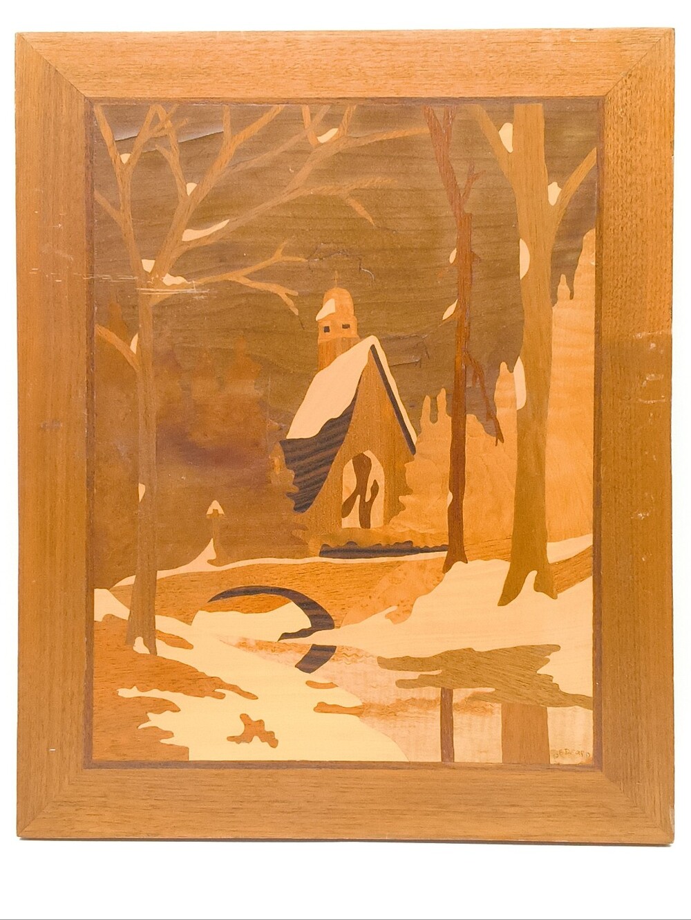 Vintage Signed Wood Marquetry Inlay Winter Chapel Wall Art